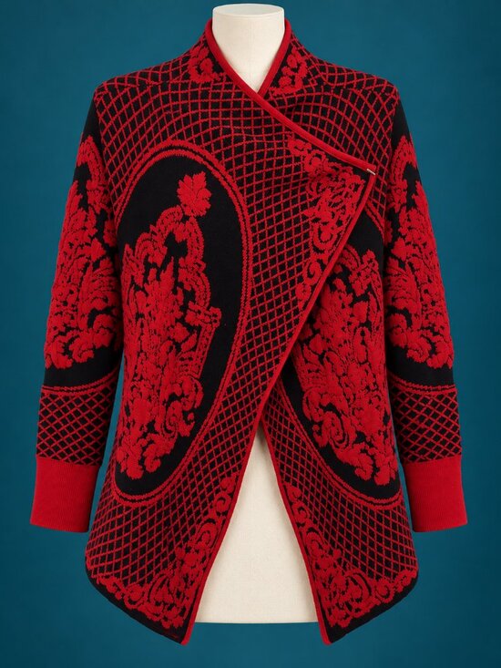 Sioni Sweaters - SIONI Red Black Baroque Knit Waterfall Cardigan Sweater L/XL HTF